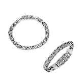 Sterling silver 7x10 mm handcrafted woven Bali bracelet with oxidized highlights and secure clasp.